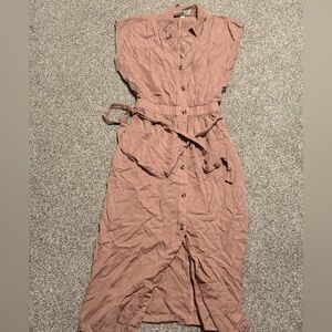 Thread & Supply Dusty Pink Button-Down Midi Dress with tie waist